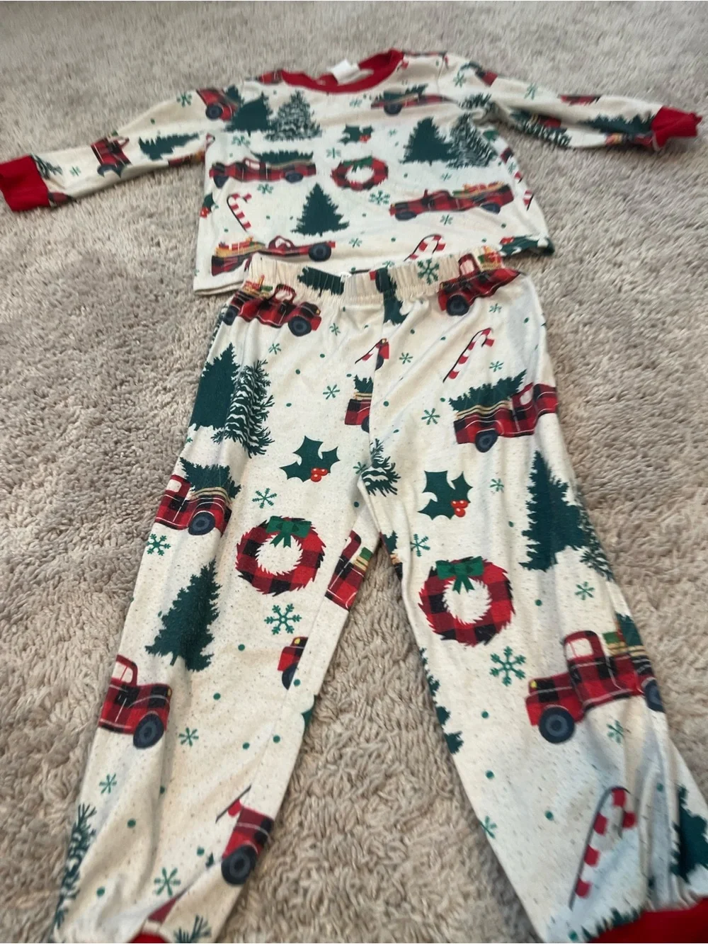 Kids Holiday Pajama Set with Red Truck Print - Red & Green